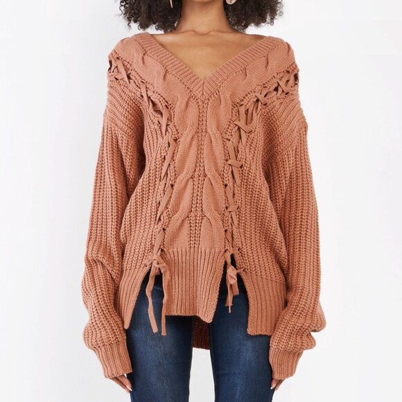 NEW Salmon Camel Laced Up Braid Cable Off Shoulder V Neck Longline Tunic Sweater - Picture 5 of 10